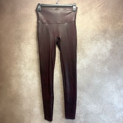 SPANX Leggings Faux Leather Shiny Metallic Burgundy Wine Women Large High Rise